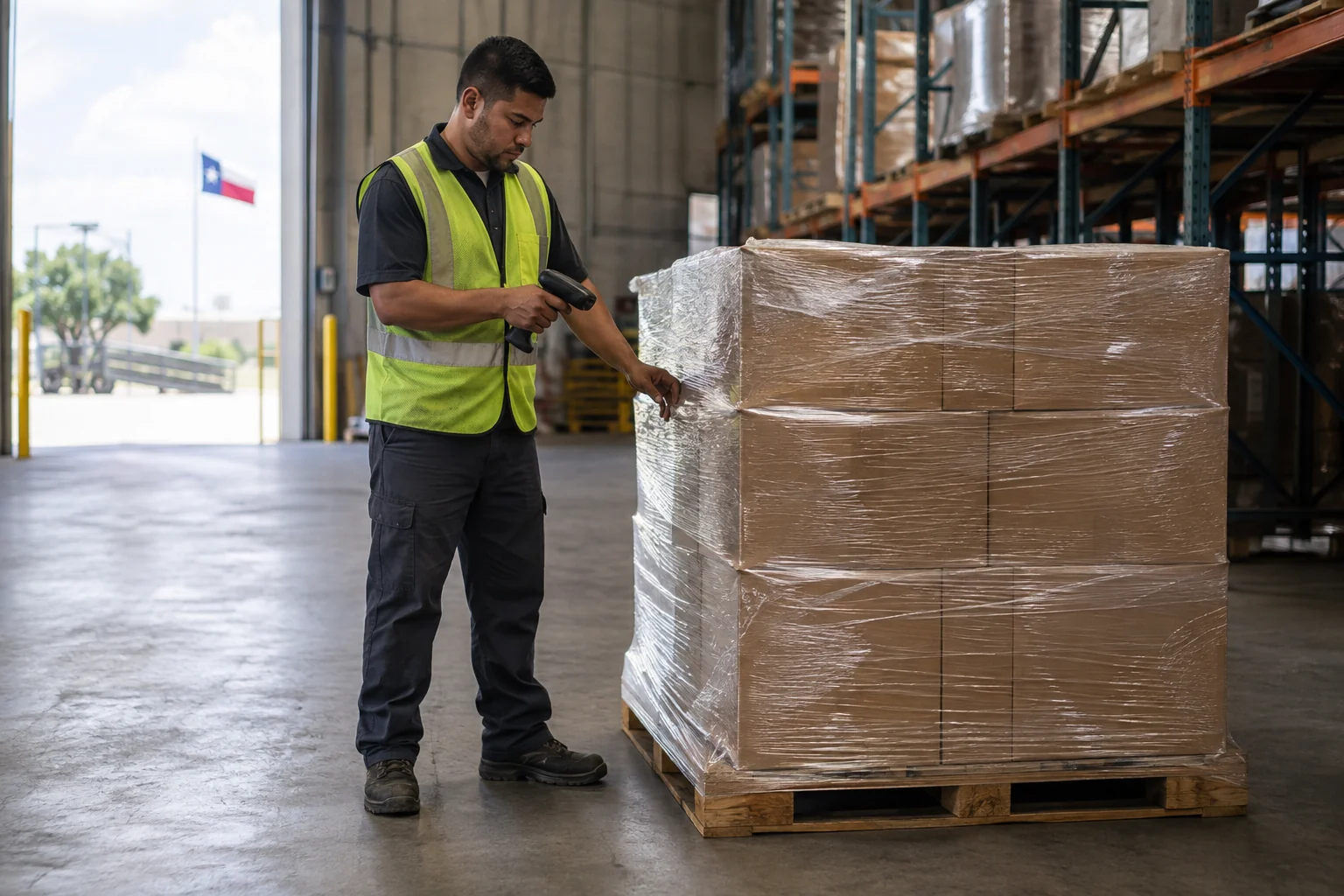 Illustrative warehouse worker recording a pallet handoff with a handheld scanner